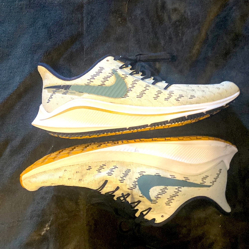 The brand is Nike and the main color is white and dark blue